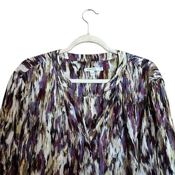 Chicos Top Womens 18 Multicolor Metallic Print Split Neck Popover Blouse - Picture 2 of 9